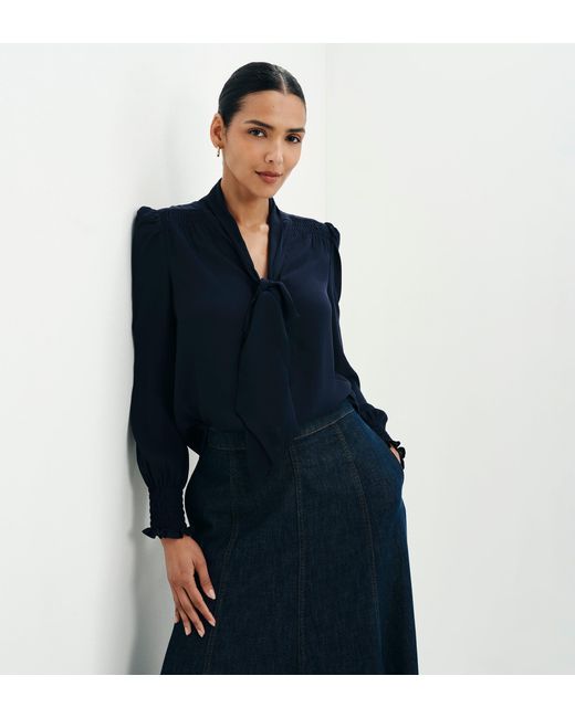 Finery London Blue Mavis Pussy Bow Button-Through Blouse