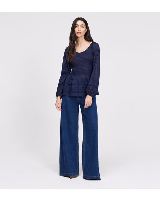 Finery London Blue Jennie Cotton Lace Blouson Sleeve Top