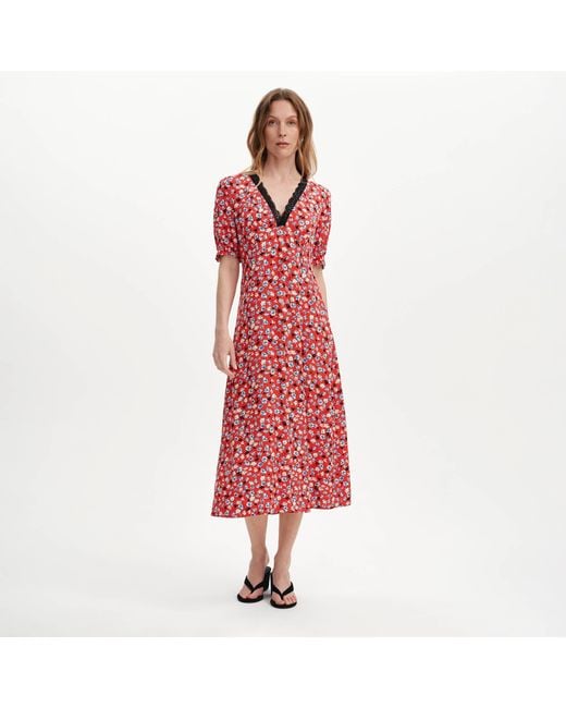 Finery London Red Elish Lace Trim Puff Sleeve Midi Dress