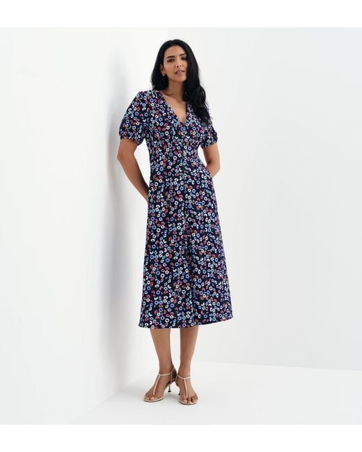 Finery London Blue Robyn Button Through V-Neck Midi Dress