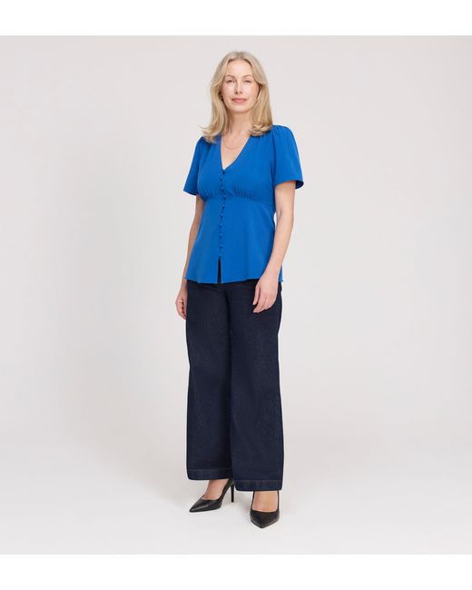 Finery London Blue Maryam Button Up V-Neck Short Sleeve Top