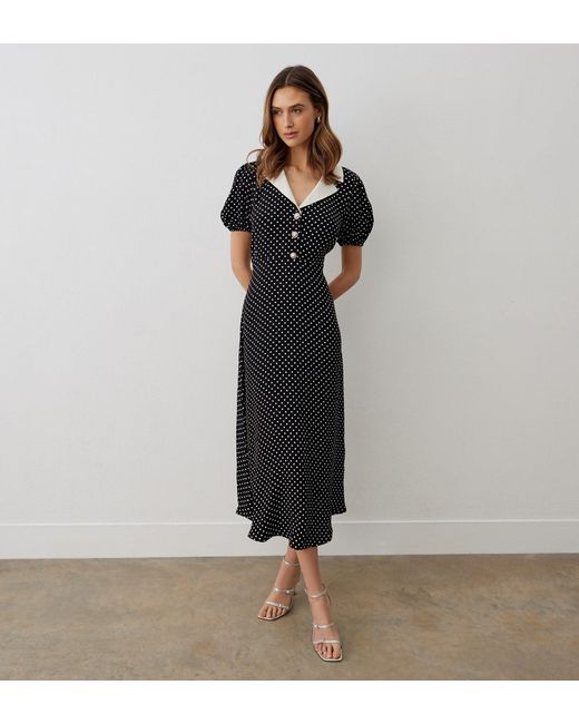 Finery London Black Lois Polka Dot Crepe Midi Dress