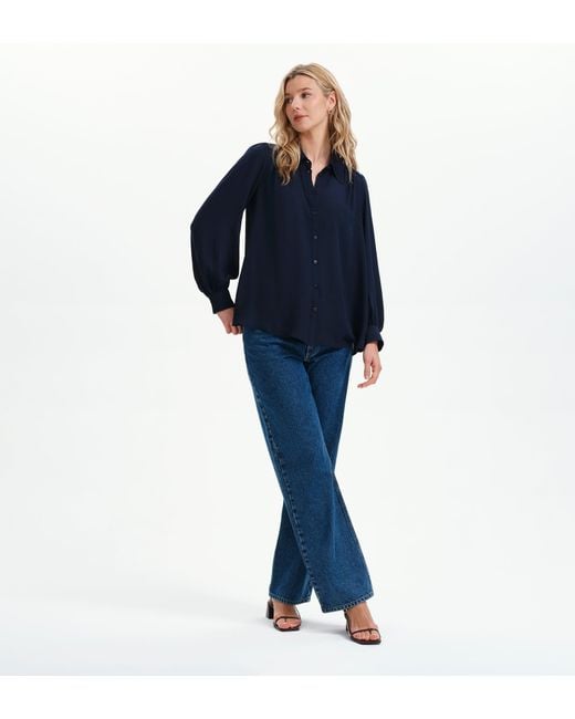 Finery London Blue Melina Button Through Lightweight Yoke Blouse