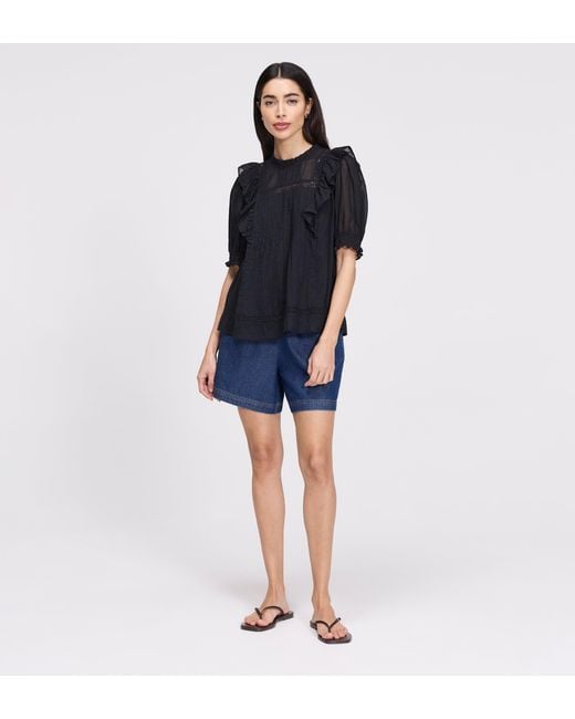 Finery London Black Jolin Lace Cotton Puff Sleeve Top