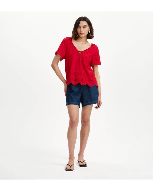 Finery London Red Ruthie Floral Broderie Cotton Tie Neck Top