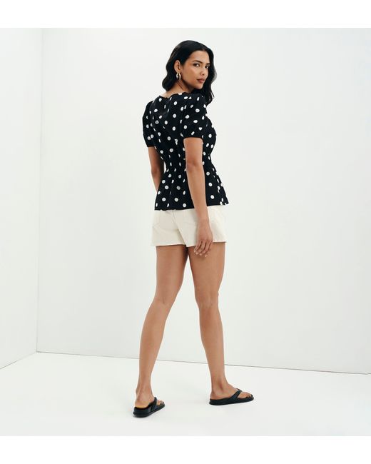 Finery London Blue Raya Polka Dot Cotton Puff Sleeve Elasticated Waist Top