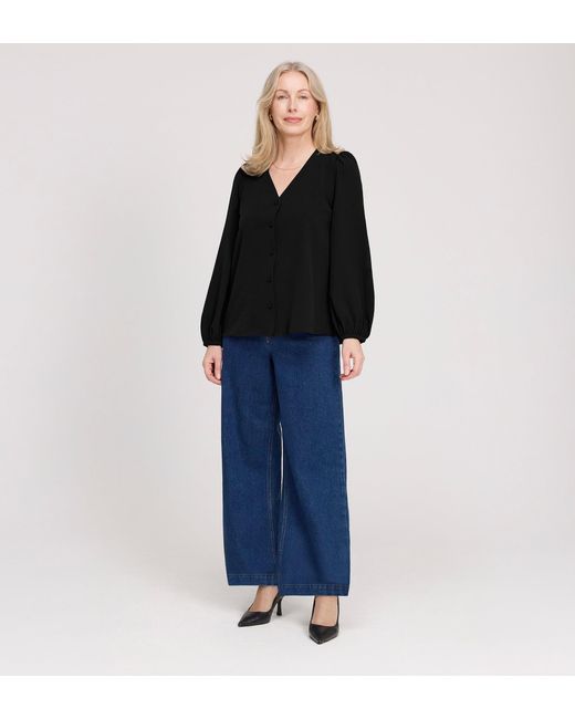 Finery London Black Elvora Button Up V-Neck Top