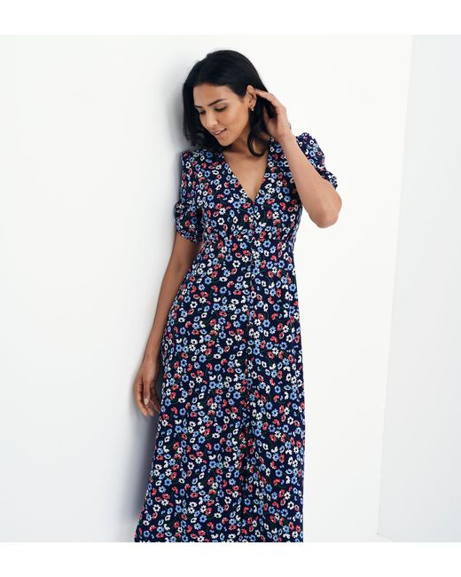 Finery London Blue Robyn Button Through V-Neck Midi Dress