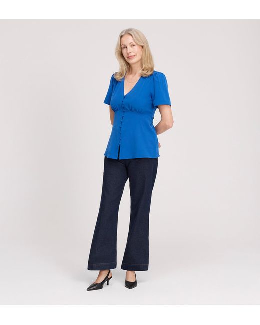 Finery London Blue Maryam Button Up V-Neck Short Sleeve Top