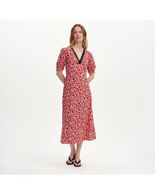 Finery London Red Elish Lace Trim Puff Sleeve Midi Dress