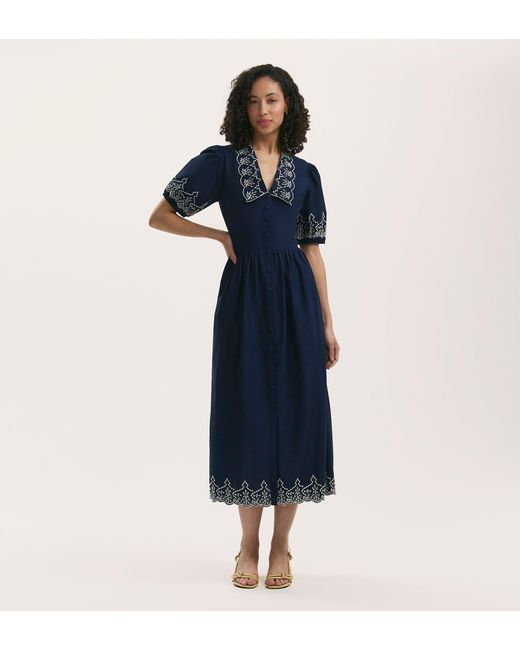 Finery London Blue Arianna Embroidered Cotton Midi Dress