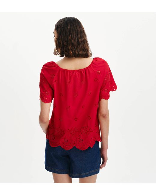 Finery London Red Ruthie Floral Broderie Cotton Tie Neck Top