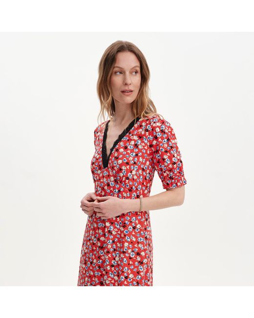 Finery London Red Elish Lace Trim Puff Sleeve Midi Dress