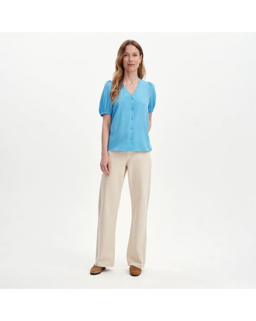 Finery London Blue Fleur Polka Dot Puff Sleeve Button-Through Top