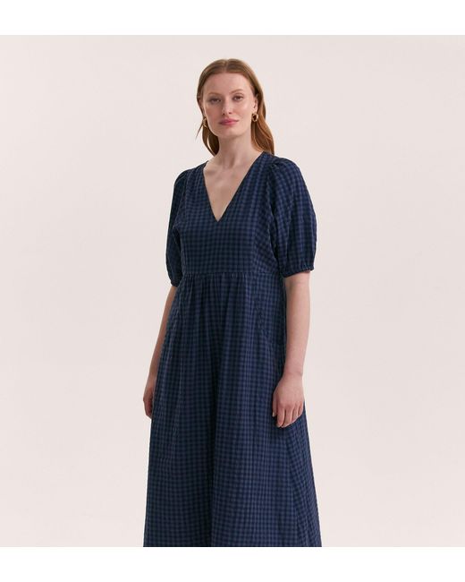 Finery London Blue Chloe Gingham Seersucker Midi Dress