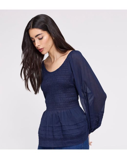 Finery London Blue Jennie Cotton Lace Blouson Sleeve Top