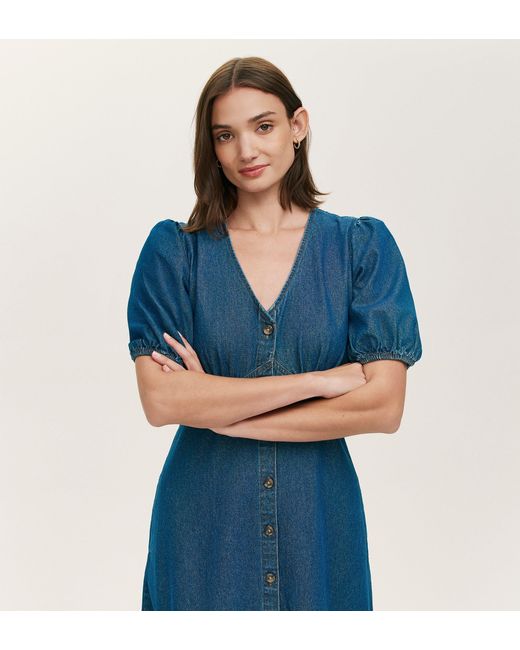 Finery London Blue Goldie Denim Midi Dress
