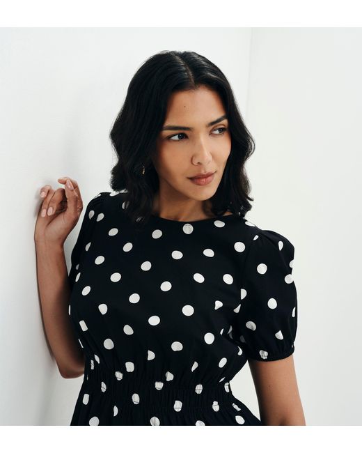 Finery London Blue Raya Polka Dot Cotton Puff Sleeve Elasticated Waist Top