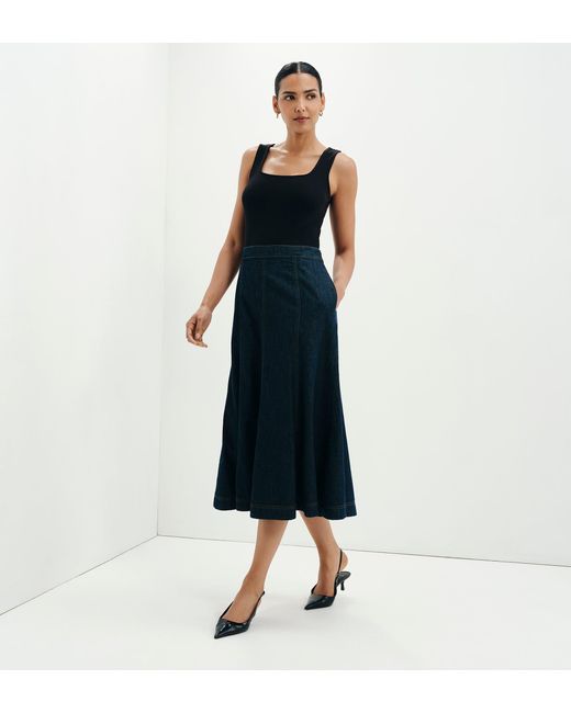 Finery London Blue Dana Denim Flare A-Line Midi Skirt
