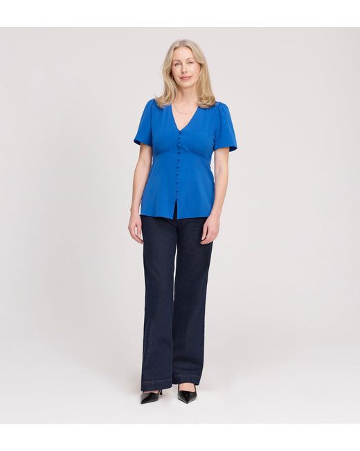 Finery London Blue Maryam Button Up V-Neck Short Sleeve Top