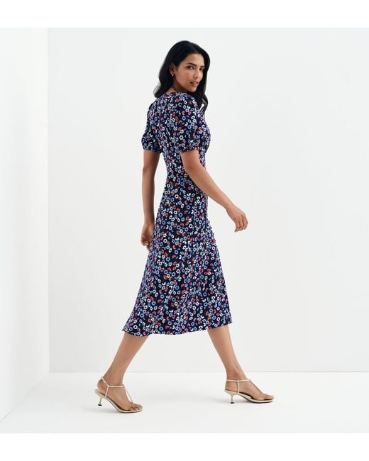 Finery London Blue Robyn Button Through V-Neck Midi Dress