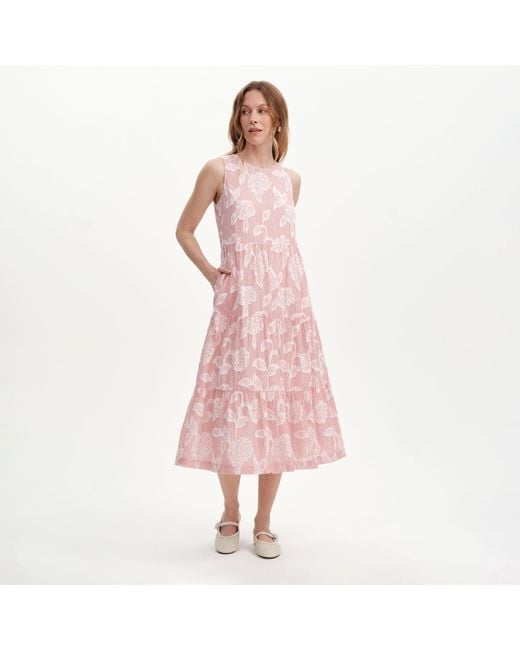 Finery London Pink Hollie Jacquard Stripe Cotton Sleeveless Midi Dress