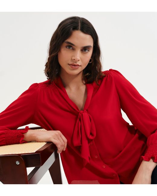 Finery London Red Mavis Pussy Bow Button-Through Blouse