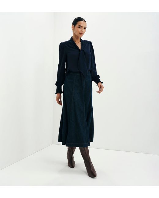 Finery London Blue Mavis Pussy Bow Button-Through Blouse