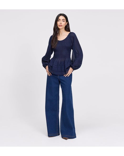 Finery London Blue Jennie Cotton Lace Blouson Sleeve Top