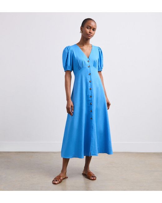 Finery London Blue Sarah Linen Blend Midi Dress