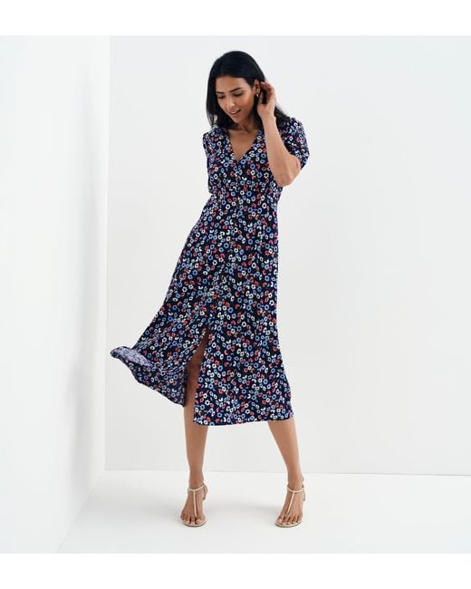 Finery London Blue Robyn Button Through V-Neck Midi Dress