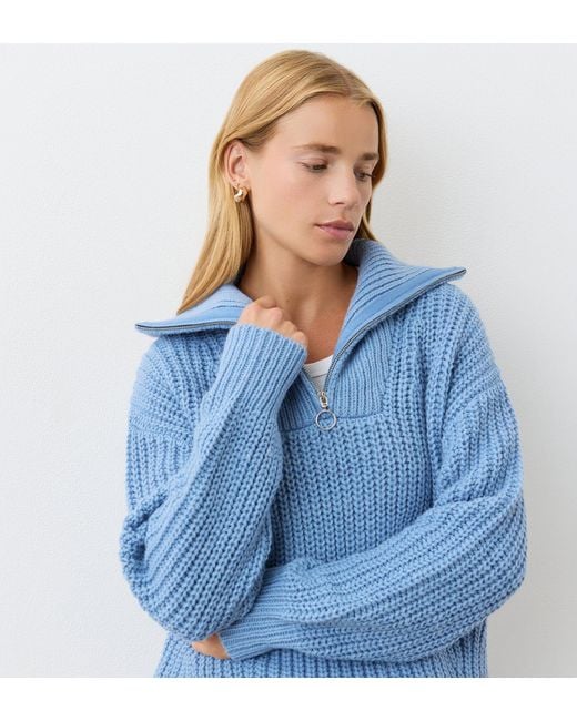 Finery London Blue Wilma Denim Half Zip Funnel Neck Jumper