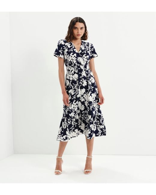 Finery London Blue Deena Wrap Tiered Midi Dress