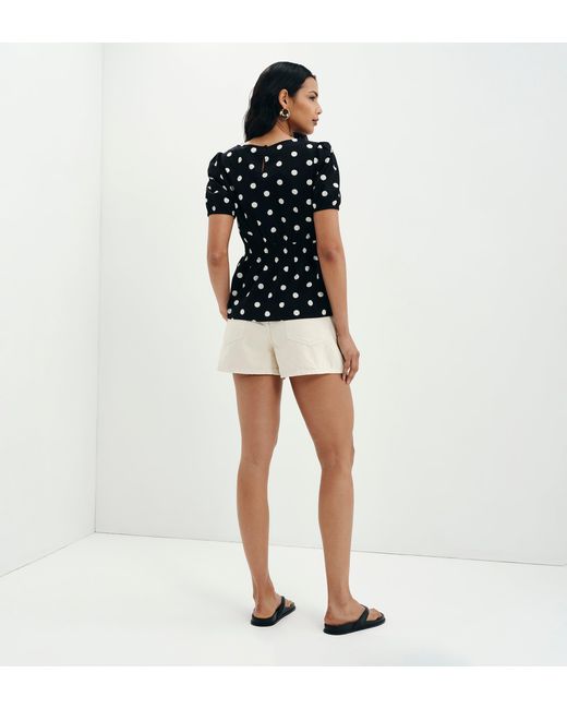 Finery London Blue Raya Polka Dot Cotton Puff Sleeve Elasticated Waist Top