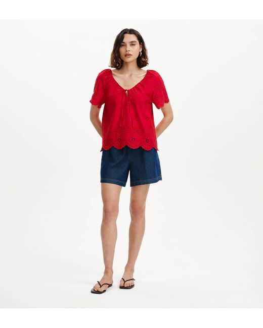 Finery London Red Ruthie Floral Broderie Cotton Tie Neck Top