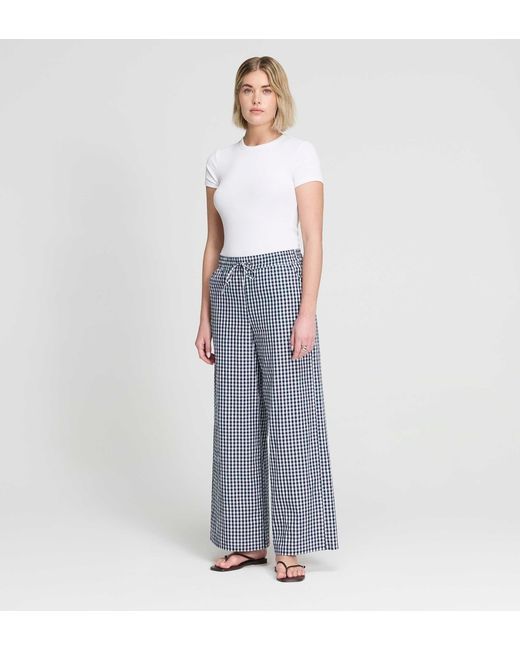 Finery London Blue Dixie Cotton Gingham Wide Leg Drawstring Trousers