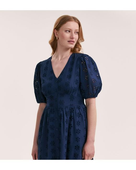 Finery London Blue Una Embroidered Cotton Midi Tea Dress