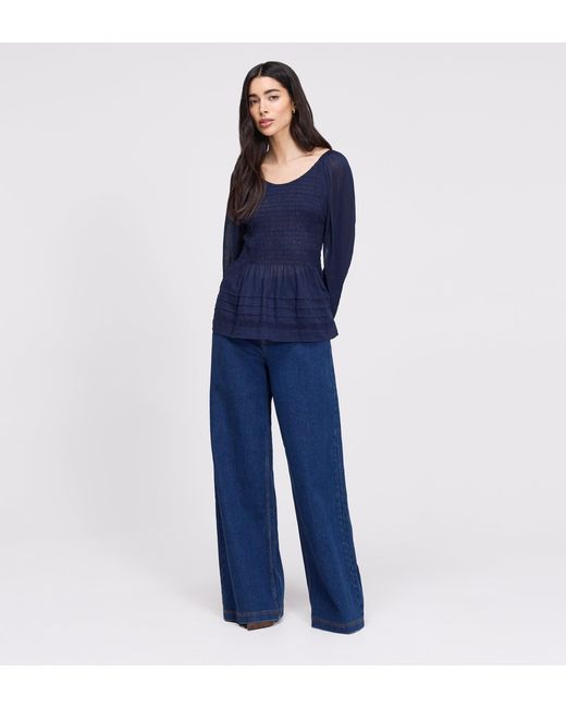 Finery London Blue Jennie Cotton Lace Blouson Sleeve Top