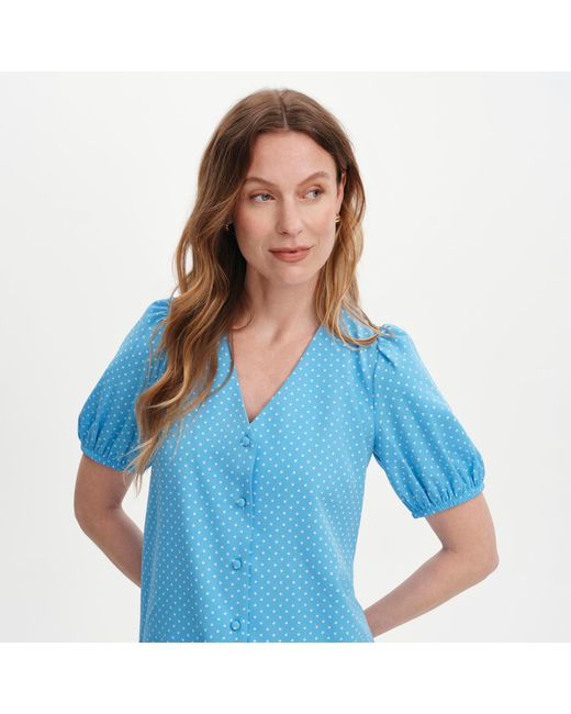 Finery London Blue Fleur Polka Dot Puff Sleeve Button-Through Top