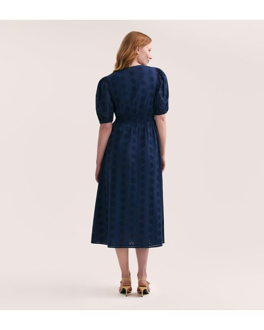Finery London Blue Una Embroidered Cotton Midi Tea Dress