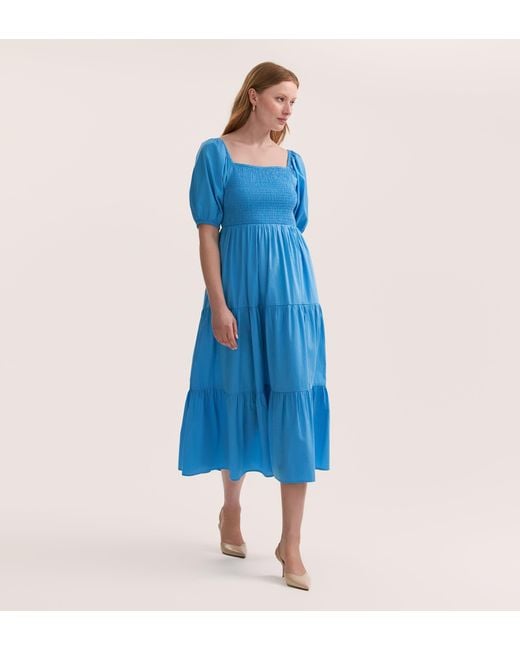 Women's Blue Melody Cotton Midi Tiered Dress