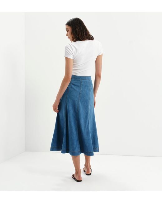 Finery London Blue Dana Denim Flare A-Line Midi Skirt