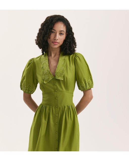 Finery London Green Arianna Embroidered Cotton Midi Dress