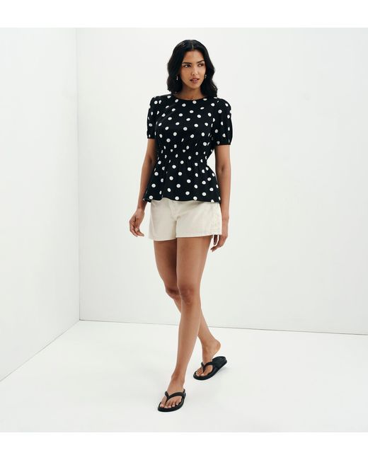Finery London Blue Raya Polka Dot Cotton Puff Sleeve Elasticated Waist Top