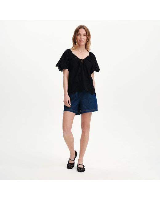 Finery London Black Ruthie Floral Embroidered Cotton Tie Neck Top