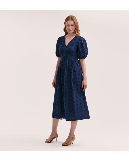 Finery London Blue Una Embroidered Cotton Midi Tea Dress