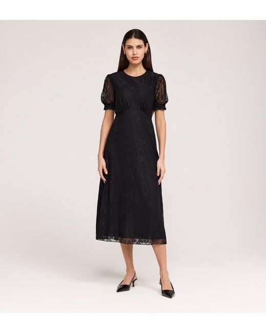 Finery London Black Mela Round Neck Puff Sleeve Midi Tea Dress