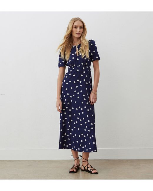 Finery London Blue Marie Polka Dot Crepe Midi Dress