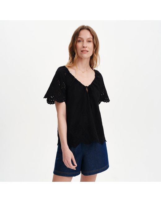 Finery London Black Ruthie Floral Embroidered Cotton Tie Neck Top