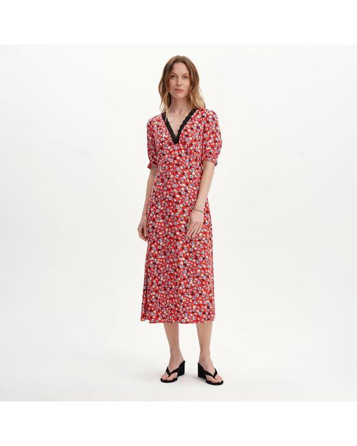 Finery London Red Elish Lace Trim Puff Sleeve Midi Dress